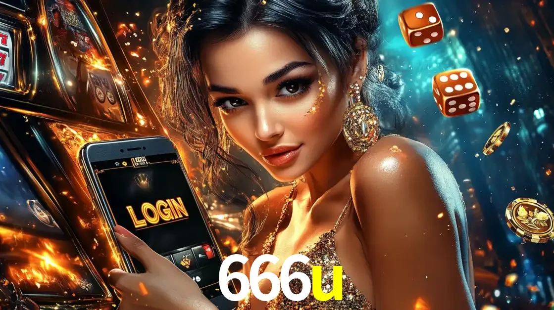 Mulher glamourosa segurando um celular com a tela de login do cassino 666u, rodeada por dados e moedas douradas, pronta para começar a diversão.