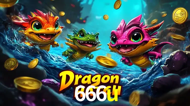 Arte promocional do jogo Dragon Hatch com três adoráveis dragões bebês nadando entre moedas de ouro, um dos slots mais divertidos para jogar no cassino 666u.