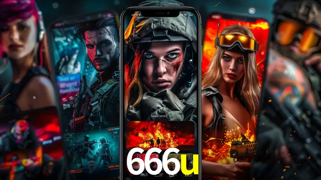 Montagem de telas de celular mostrando diversos personagens, masculinos e femininos, de um jogo de tiro, ilustrando a diversidade de equipes de e-sports para apostar no 666u.