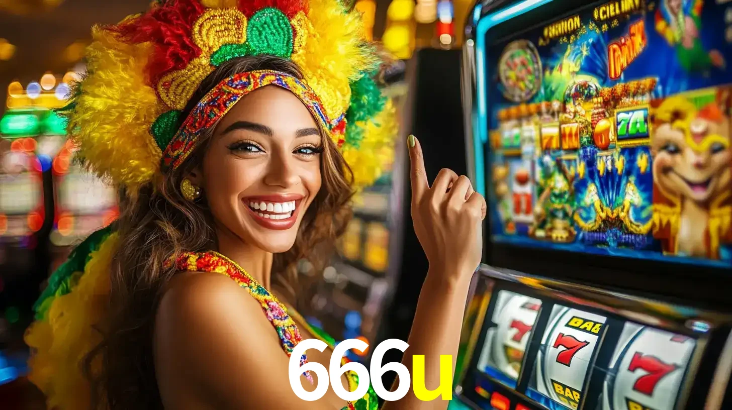 Mulher animada com um cocar de carnaval apontando para uma máquina de caça-níqueis, mostrando a emoção de ganhar um grande prêmio nos jogos do 666u.