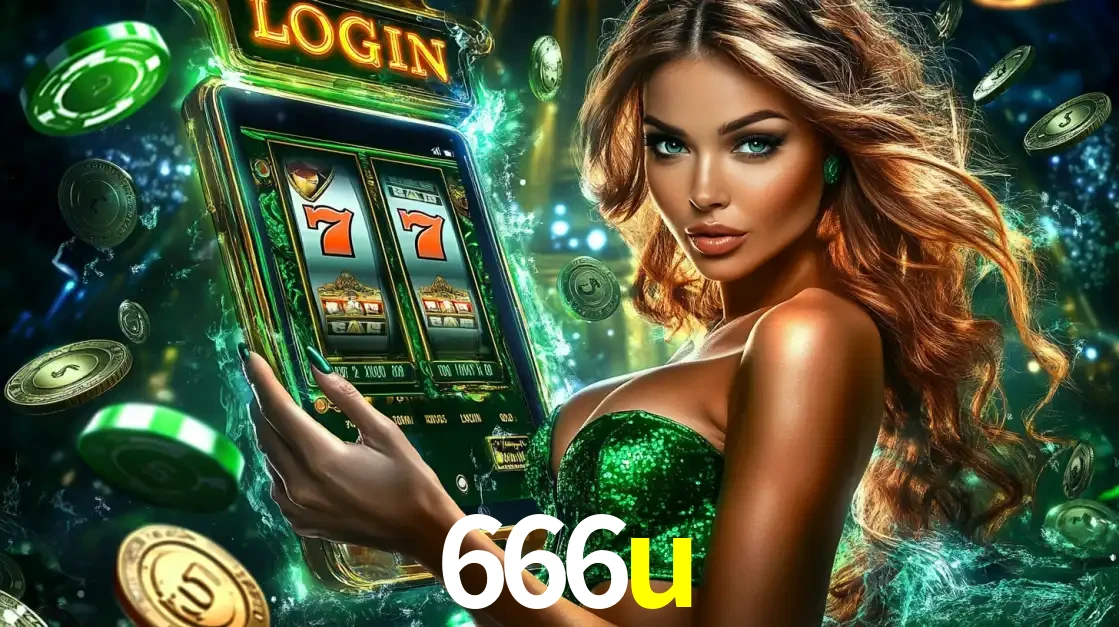 Mulher com tema verde apresentando o aplicativo do cassino 666u com um jogo de slot de 777, cercada por fichas de cassino e uma aura de sorte.