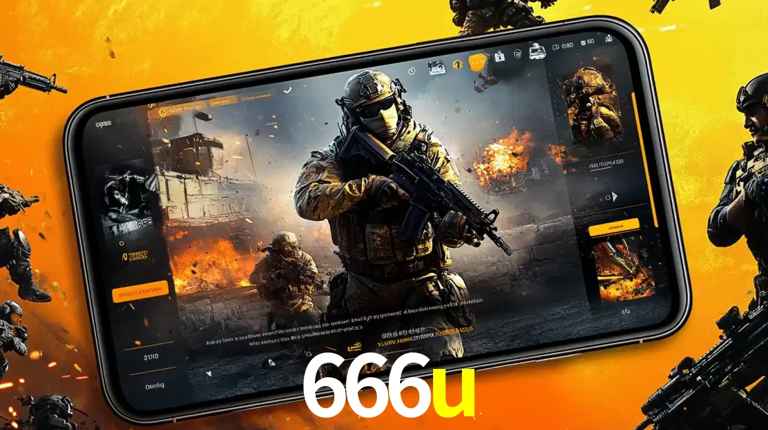 Um smartphone exibindo a interface de um jogo de tiro em primeira pessoa, com um soldado em um cenário de batalha, representando a ação dos e-sports para apostar no 666u.