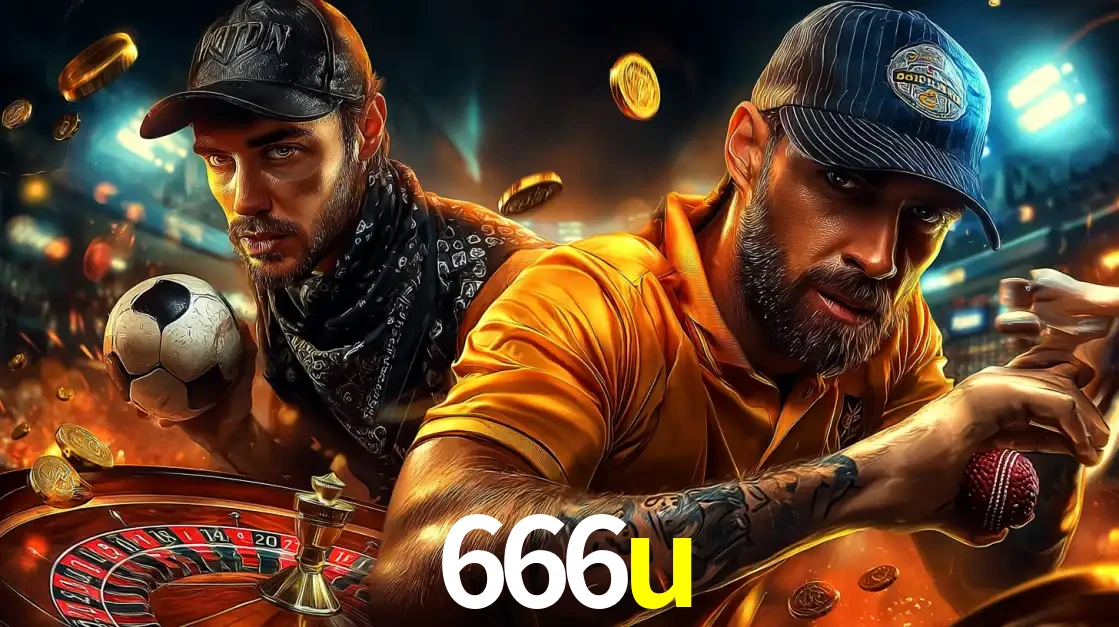 Montagem de apostas esportivas e cassino no 666u, com um homem segurando uma bola de futebol e outro uma de beisebol sobre uma roleta e moedas voadoras.