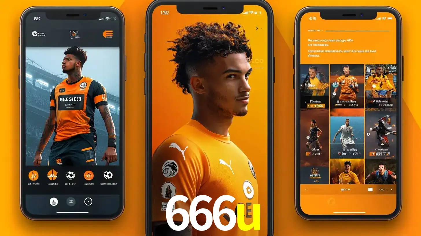 Interface do aplicativo de apostas esportivas 666u em três telas de celular, mostrando o perfil de um jogador de futebol e a lista de jogos disponíveis para apostar.