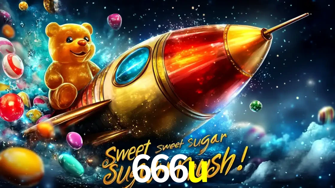 Arte promocional do jogo de slot Sugar Rush, com um urso de pelúcia em um foguete viajando pelo espaço de doces, um dos jogos divertidos disponíveis no cassino 666u.