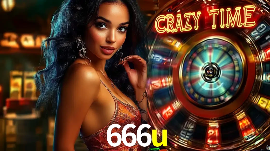 Mulher elegante ao lado da vibrante roda da fortuna do jogo de cassino ao vivo Crazy Time, um dos game shows mais populares e cheios de prêmios do 666u.
