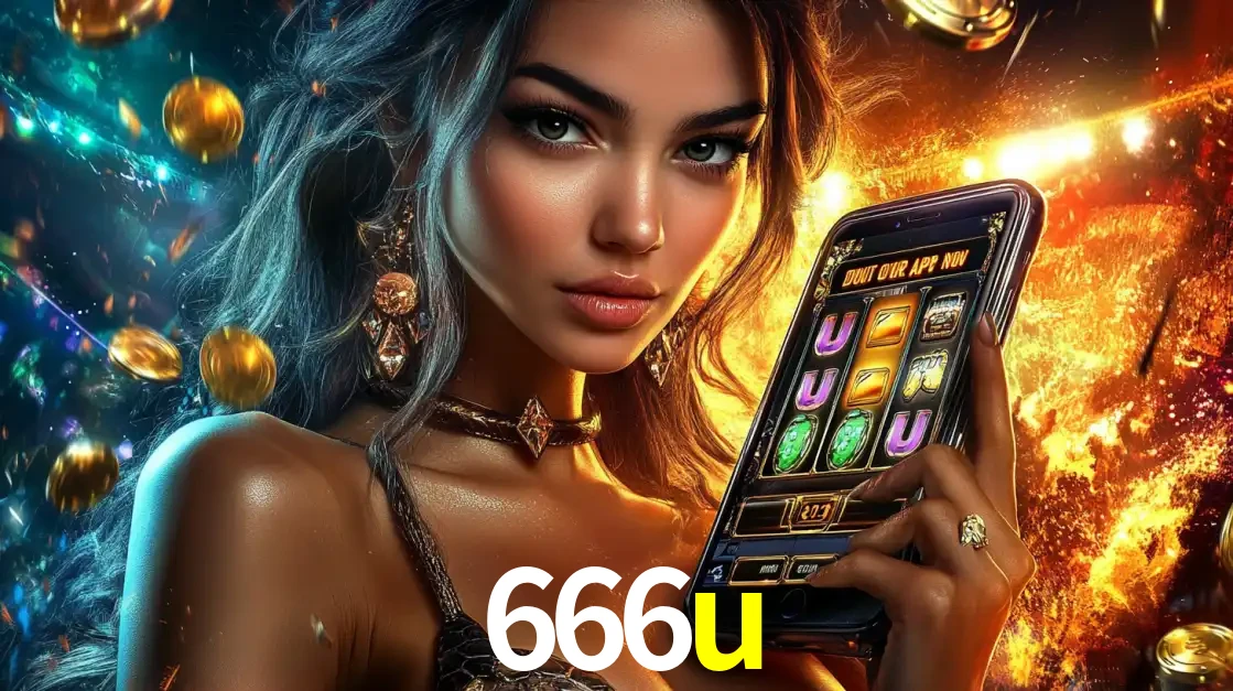 Mulher elegante mostrando um jogo de caça-níqueis em seu smartphone, destacando a experiência de cassino móvel oferecida pelo aplicativo 666u.