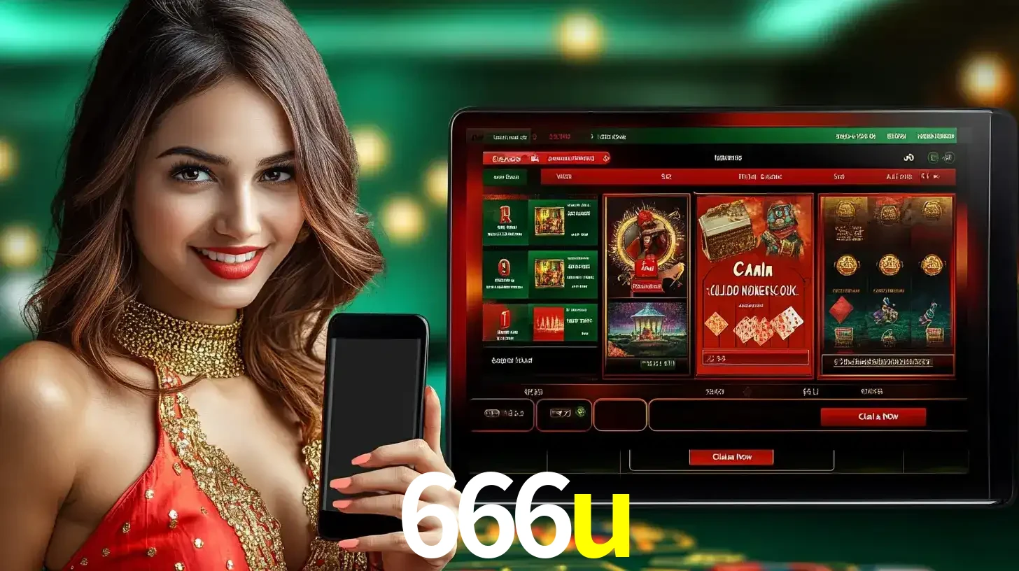 Mulher sorridente segurando um smartphone, ao lado de uma tela exibindo o lobby de jogos do cassino online 666u, com várias opções de jogos de cartas e slots.